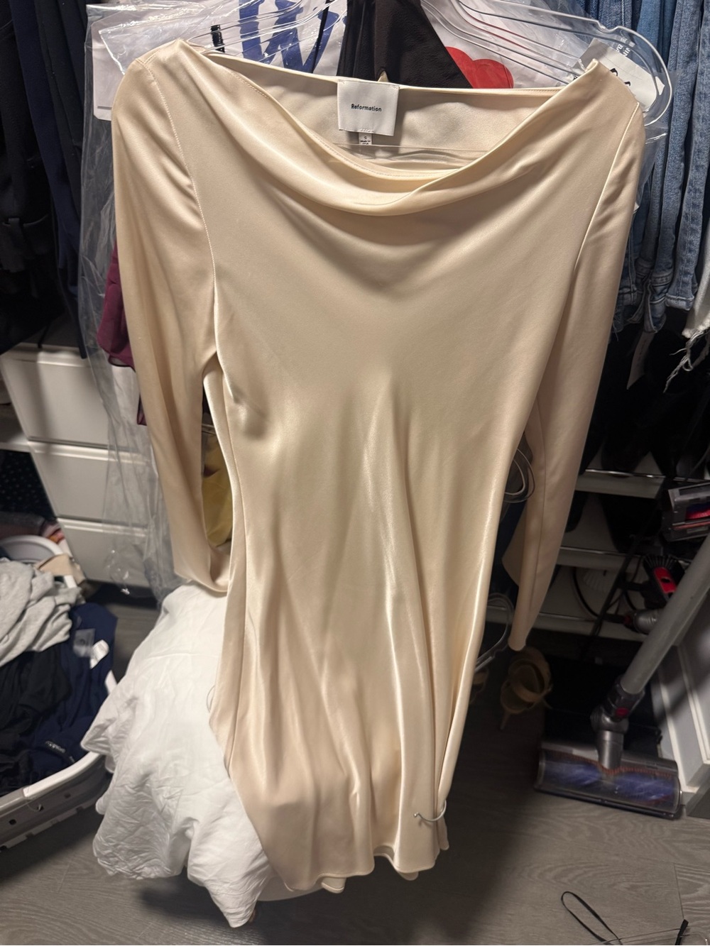 Reformation Cream Satin-Feel Long-Sleeve Mini Dress
